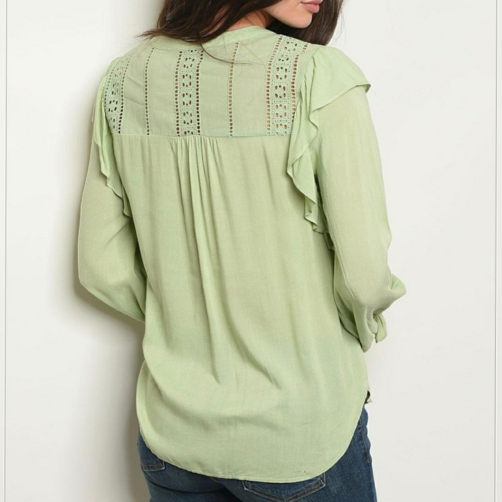 LAST 1❗️Boho Chic Sage Crochet Ruffle Long Sleeves Top - Picture 5 of 6
